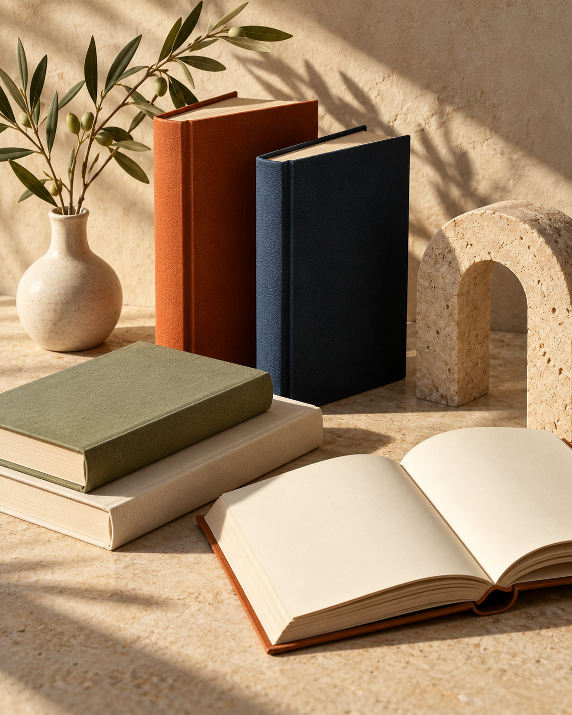 Warmly colored books in natural light beside an olive branch.